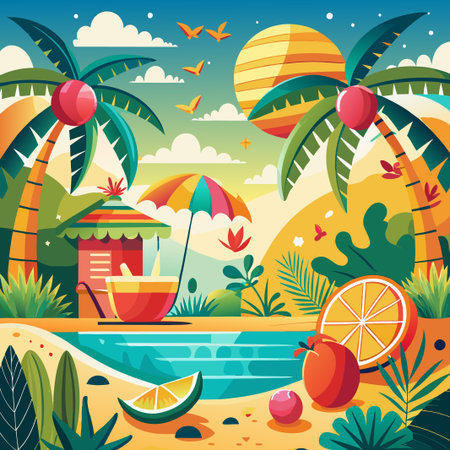 Summer Beach Scene with Palm Trees, Pool, and Fruit.のイラスト素材