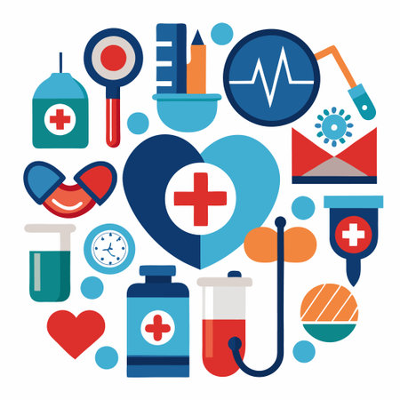 Colorful medical icons arranged in a circle,  with heart and cross at the center, representing healthcare and medicine.のイラスト素材