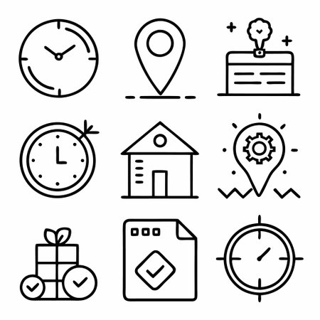 Nine black and white icons for various concepts including time, location, and success.のイラスト素材
