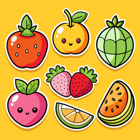 Cute fruit stickers with happy faces, including apple, watermelon, orange, lime, and strawberry.のイラスト素材
