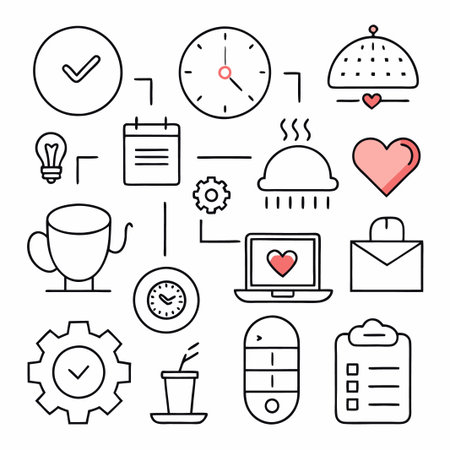 A set of black and white line icons on a white background. The icons represent common objects and concepts, such as a clock, a heart, a light bulb, and a cup.のイラスト素材