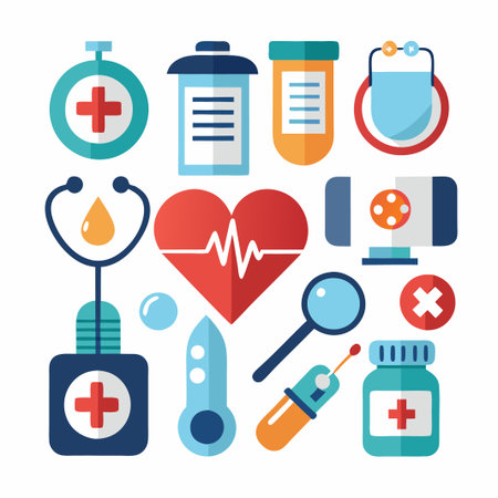 Collection of medical icons, including stethoscope, pills, heart rate, and thermometer.のイラスト素材