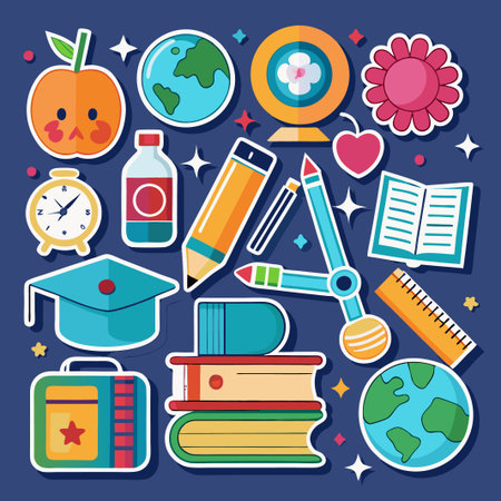 Colorful school supplies and objects on blue background.のイラスト素材