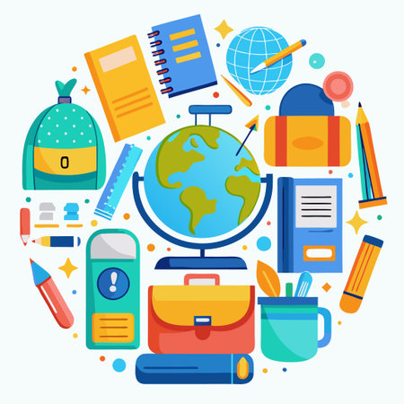 Colorful school supplies and a globe in a circle.のイラスト素材