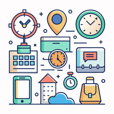 Colorful line art illustration of time management, location, and communication icons.のイラスト素材