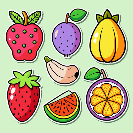 Cute cartoon sticker set of various fruits isolated on green background.のイラスト素材