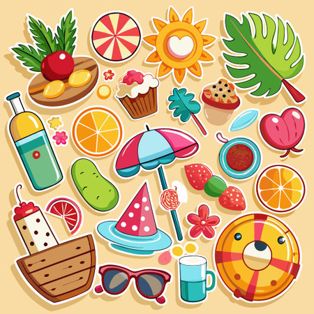 Colorful summer stickers with a sun, fruits, umbrella and drinks.のイラスト素材