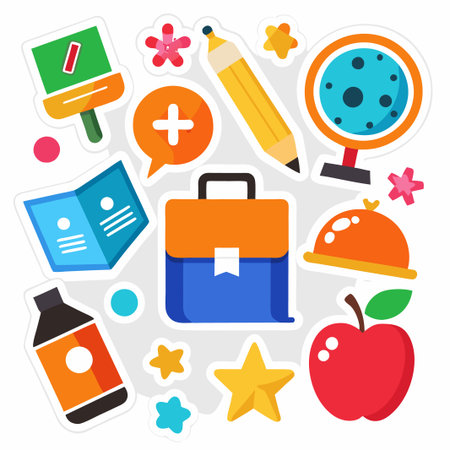 Colorful school supplies stickers with a backpack, apple, globe, book, pencil, and more.のイラスト素材