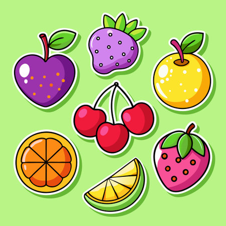 Colorful cartoon fruits with stickers on a green background.のイラスト素材