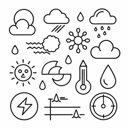Set of weather icons, including sun, clouds, rain, snow, wind, thermometer, lightning, and compass.