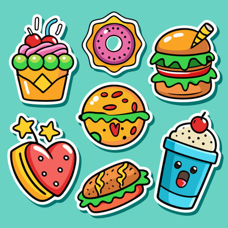 Colorful cartoon sticker set with various fast food and dessert items, including a donut, burger, cupcake, pizza, hotdog, and milkshake.のイラスト素材
