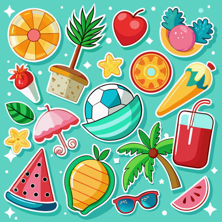 Colorful summer sticker collection with watermelon, sunglasses, palm tree, and juice.のイラスト素材
