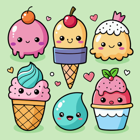 Cute cartoon ice cream, dessert, and sweet treat characters with happy faces.のイラスト素材
