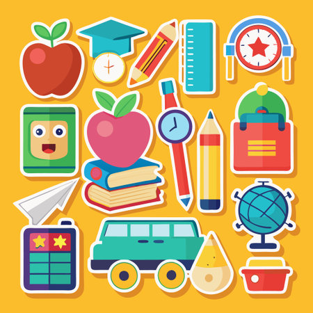 Colorful stickers with school supplies and transportation on yellow background.のイラスト素材