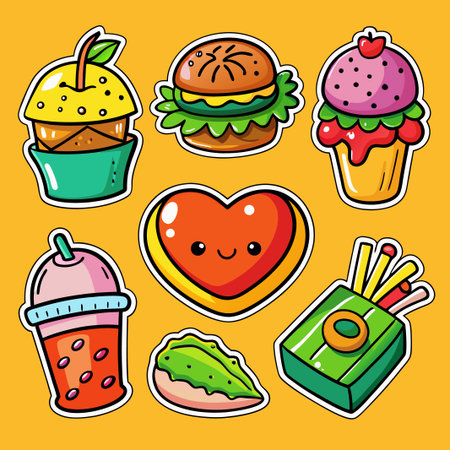 Cartoon stickers of a heart, fries, a burger, a cup of juice, a cake, and a piece of avocado toast.のイラスト素材