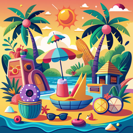Colorful summer beach scene with palm trees, beach umbrella, and a refreshing drink.のイラスト素材