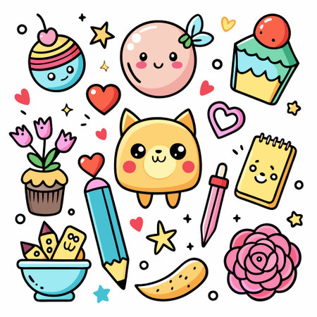 Kawaii cartoon characters in a colourful doodle style.のイラスト素材