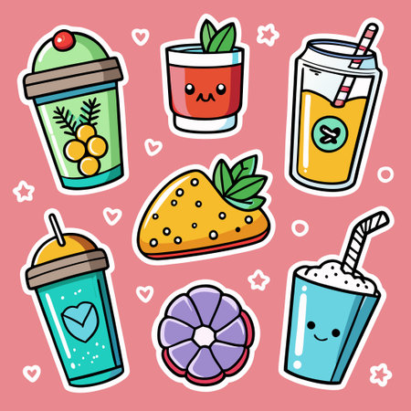 Cute cartoon stickers with drinks and desserts on pink background.のイラスト素材