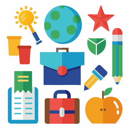 Colorful set of school supplies icons.のイラスト素材