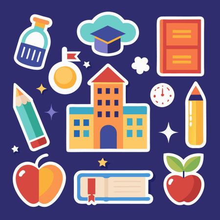Colorful Stickers of School Supplies and Education.のイラスト素材