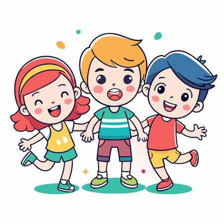 Happy cartoon children with smiles on their faces holding hands.のイラスト素材