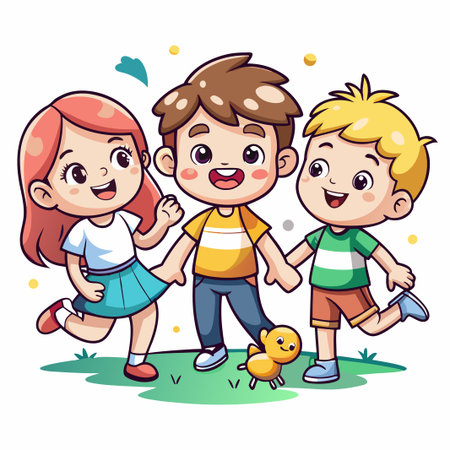Three happy kids in a park.のイラスト素材