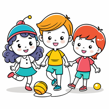 Three happy cartoon kids playing with a ball and smiling.のイラスト素材