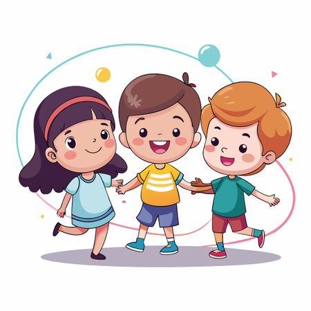 Three kids holding hands, smiling and walking together.のイラスト素材