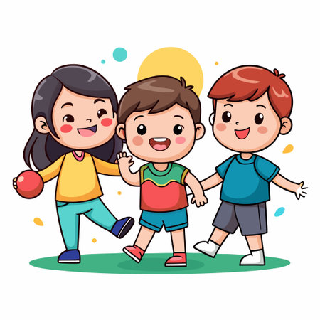 Three cute cartoon kids walking together, smiling.のイラスト素材