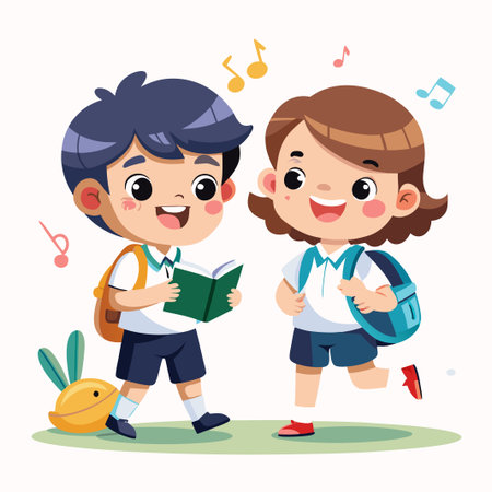 Happy school children singing and walking together.のイラスト素材
