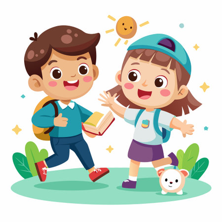 Two happy kids walking in the park on a sunny day.のイラスト素材