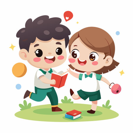 A boy and girl in school uniforms are standing on a grassy field. The boy is holding a red book and the girl is holding a pink bell. They are smiling and looking at each other.のイラスト素材