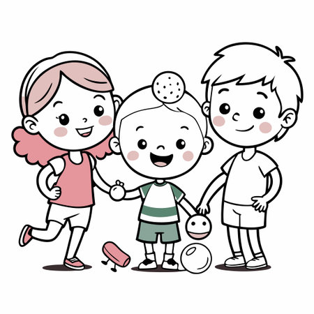 Three happy children holding various balls, smiling and looking at the camera.のイラスト素材