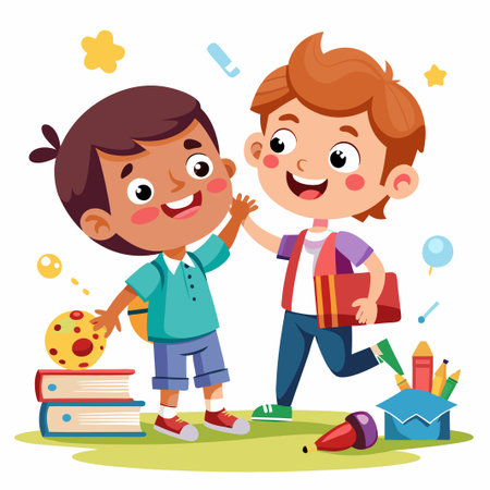 Two happy children, one holding a book and the other a ball, are high-fiving each other.のイラスト素材