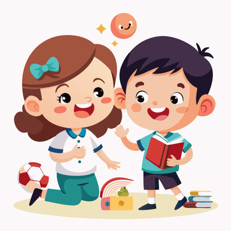Happy girl and boy playing with a ball, books and a rainbow.のイラスト素材