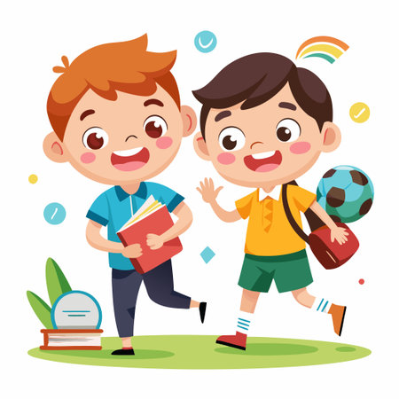 Two happy boys walking to school. One is carrying a book and the other is carrying a soccer ball.のイラスト素材