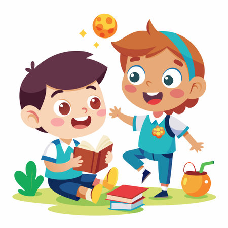 Two happy kids sitting on the grass, one reading a book, the other standing and smiling.のイラスト素材