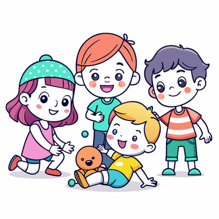 Four smiling children playing together with a toy.のイラスト素材