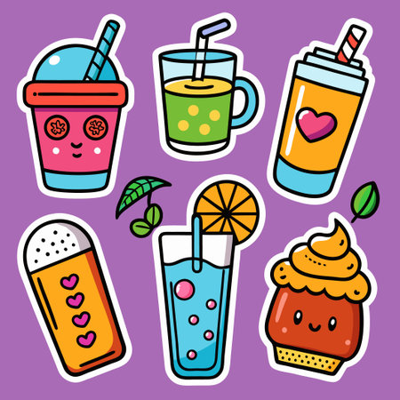 Set of cute cartoon stickers with drinks, desserts, and food.のイラスト素材