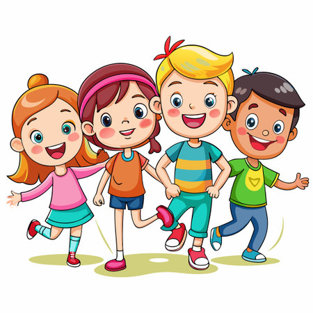 Four happy diverse kids standing together, smiling, and looking at the camera.のイラスト素材