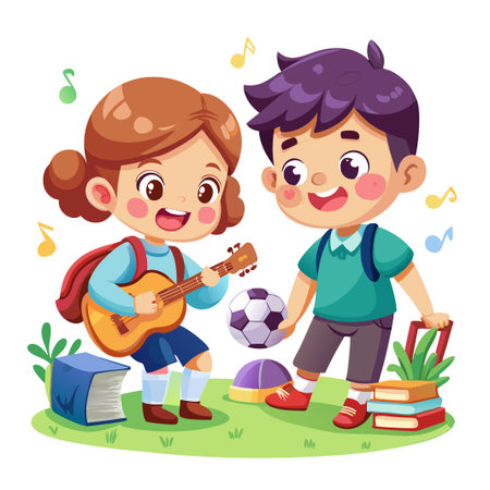 Two happy kids, a girl playing guitar and a boy holding a soccer ball.のイラスト素材