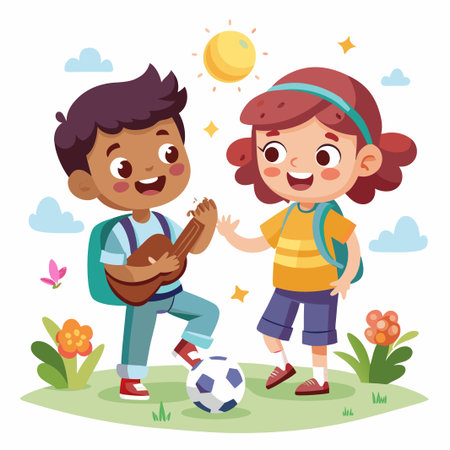 A happy boy plays guitar while a girl stands by a soccer ball in a sunny, grassy field.のイラスト素材