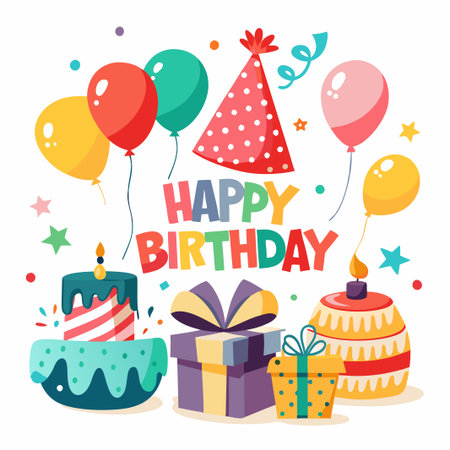 Colorful Happy Birthday celebration with balloons, cake, presents, and confetti.のイラスト素材