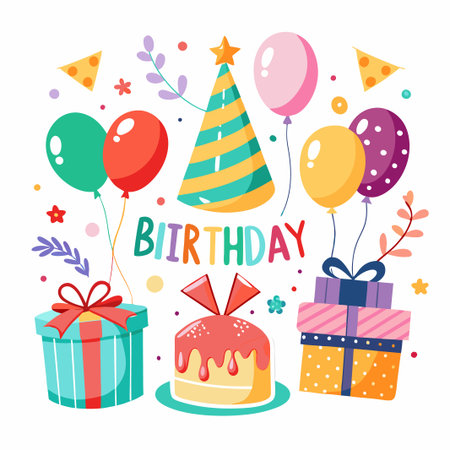 Colorful birthday celebration illustration with balloons, presents, cake, and a party hat.のイラスト素材