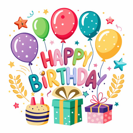 Colorful balloons, gifts, cake and stars surrounding "Happy Birthday" text.のイラスト素材