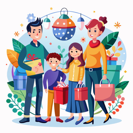Happy family with Christmas gifts and shopping bags.のイラスト素材