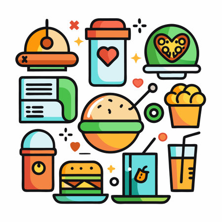 Cartoon food and drinks with a menu and hearts.のイラスト素材