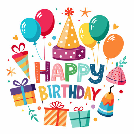 Colorful birthday greeting with balloons, gifts, and party hat.のイラスト素材