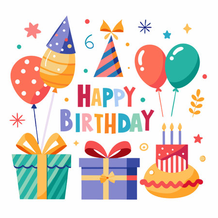 Colorful birthday celebration with balloons, presents, cake, and party hats.のイラスト素材