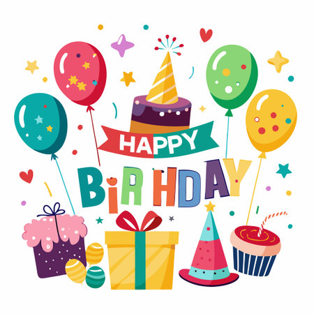 Colorful Birthday Celebration with Balloons, Cake, and Gifts.のイラスト素材